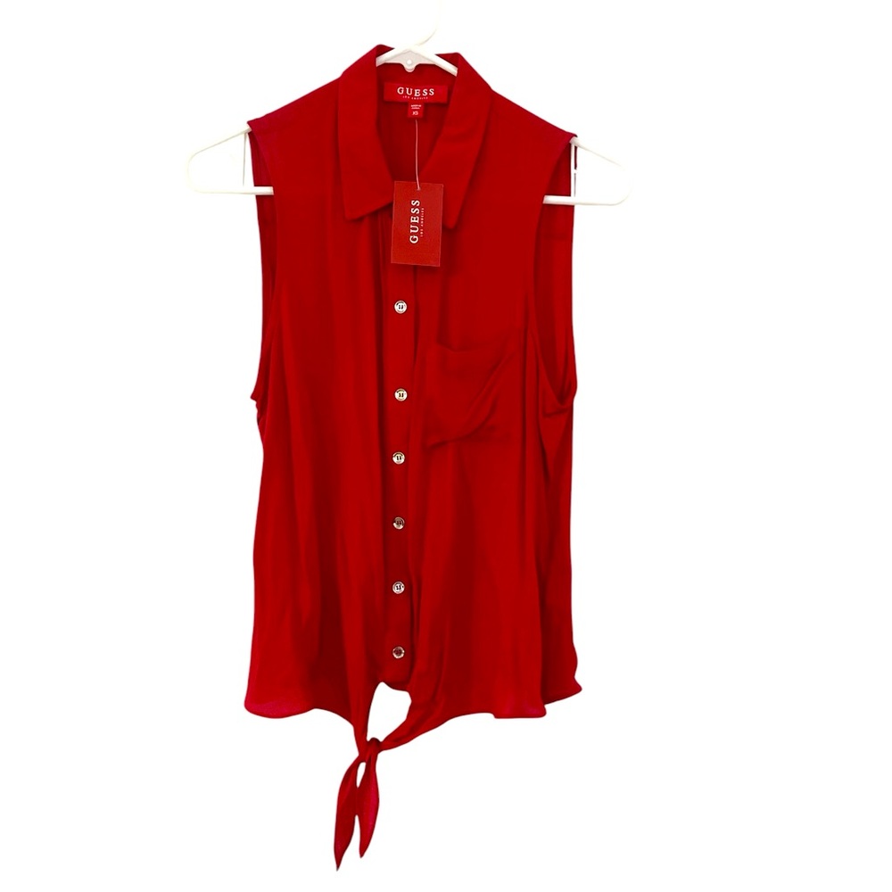 GUESS Women’s Red Collared Button Down Tie Front Tank Top Size XS